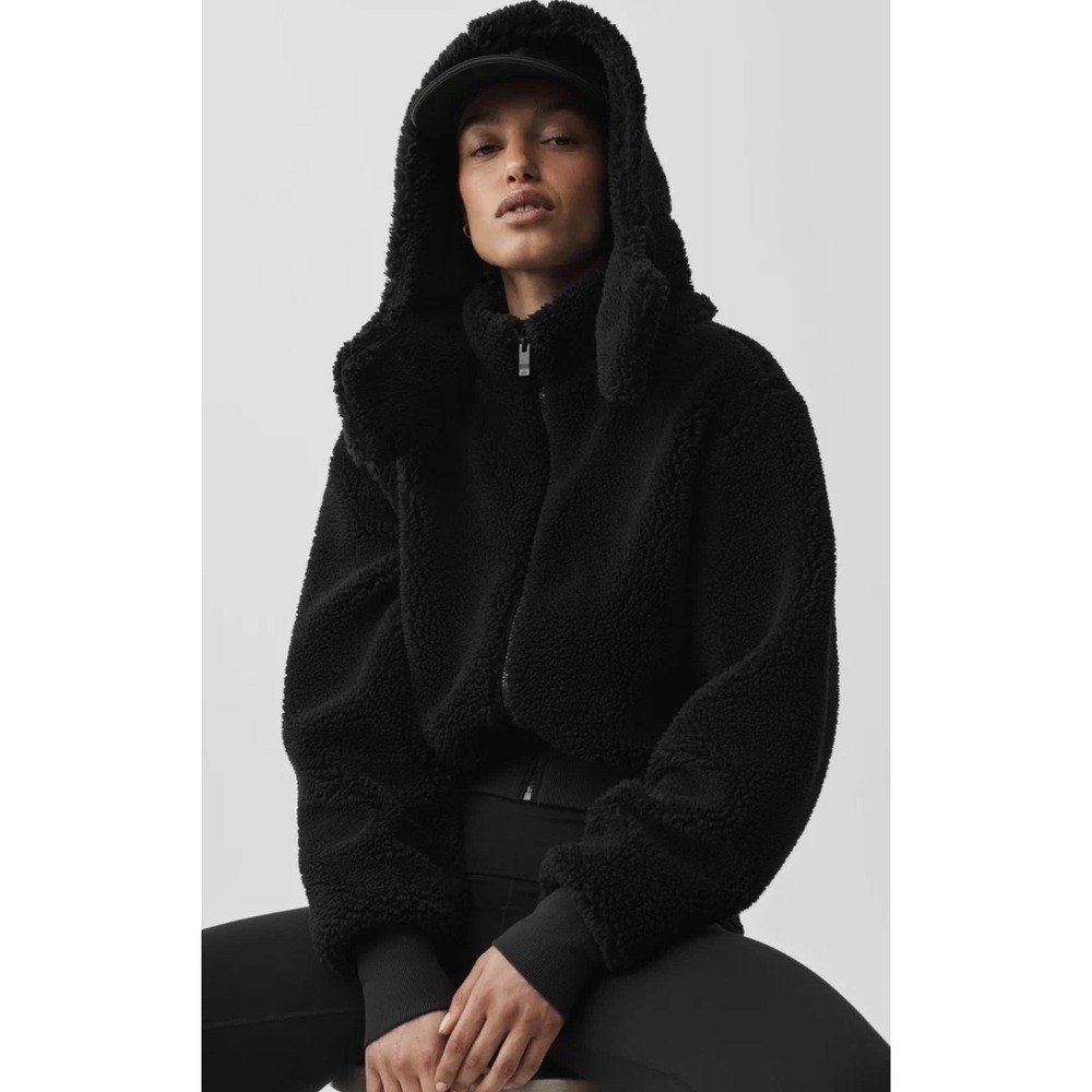 Alo Yoga Foxy Sherpa Jacket Black Removable Hood Faux Fur L Teddy Fleece